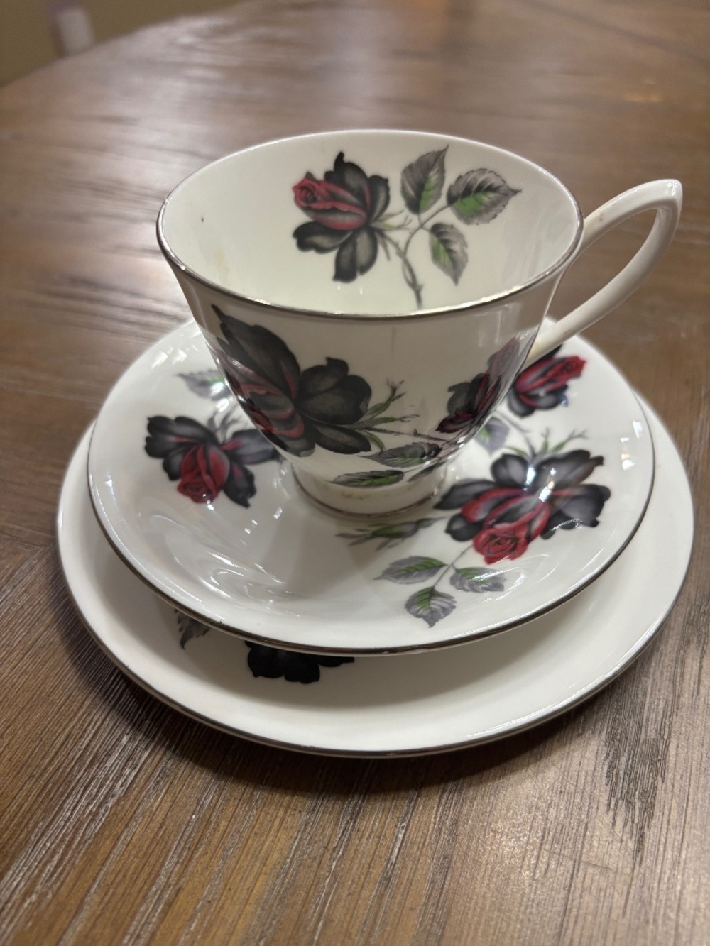 Royal Albert Masquerade Tea Cup, Saucer and side plate with platinum edge